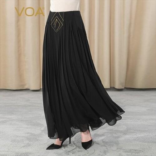 VOA 100% Silk Georgette Waist Black Mix Material Stitching Zipper Yellow Line Decorative Double Elegant Pleated Dress CE29
