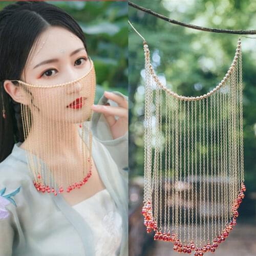 XinHuaEase Hanfu Accessories Face Hair Veil Vintage Tassel Headdress Decoration Hangings Ancient Style Photography Golden Silver