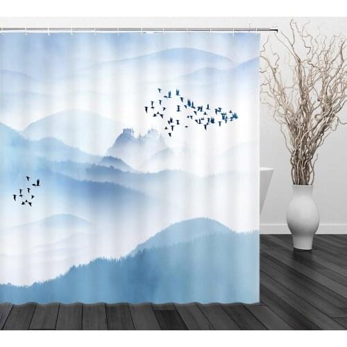 Chinese style Flower Bird Landscape Shower Curtains Bathroom Home Waterproof Polyester Fabric Printed Curtain Bath Screen Mat