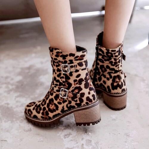 New Winter Motorcycle Womens Boots Ankle Buckle Strap Thick High Heels Platform Shoes Woman Winter Boot Female Plus size