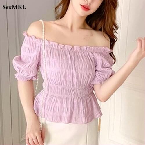 Sexy Off Shoulder Purple Tops Women 2021 Fashion Summer Puff Sleeve Chiffon Blouses French Vintage Crop Y2k Corset Top Blouse