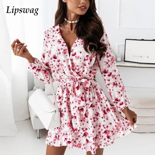Women Elegant Floral Print Ruffle Party Dress 2021 Autumn Casual Long Sleeve Mini Dress Ladies Summer Sexy V-Neck Lace-Up Dress