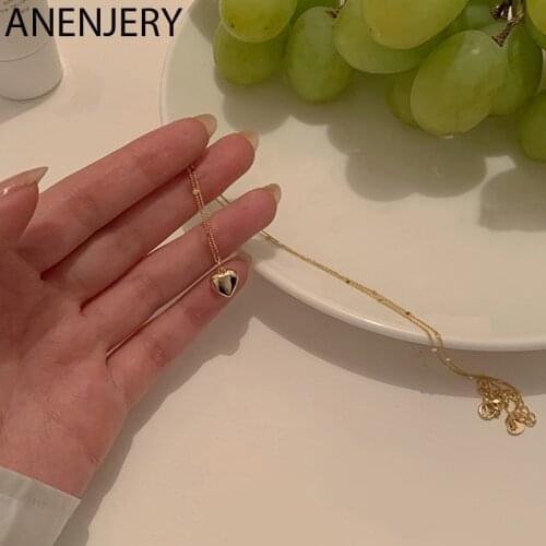 ANENJERY 925 Sterling Silver Heart Necklaces For Women Simple Shiny Golden Clavicle Chain Exquisite accessories Wholesale