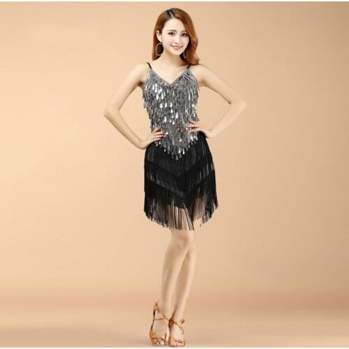 Women Stage Performance Latin Dance Dress Sequin Ballroom Dance Dress Ladies Gallus Salsa Rumba Samba Cha Vestido Dance Wear 90