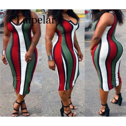 Laipelar 2019 Design Hot Sale Designer High Quality Women Dress Striped V-Neck Tank Sleeve Lady Sexy Sheath Midi Dress