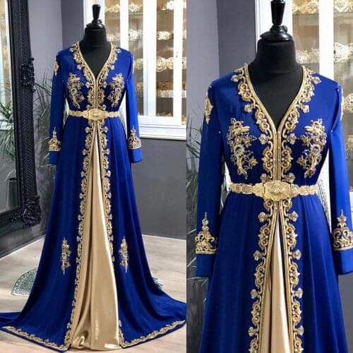 Royal Blue Muslim Evening Dresses 2020 Crystal Dubai kaftan caftan A-Line V-Neck Dubai Women Evening Party Dress abendklei