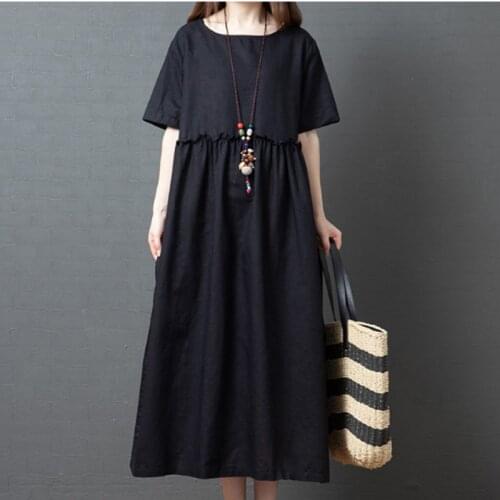 Black Dress 2021 New Arrival Short Sleeve Loose Summer Dress Cotton Linen Patchwork Vintage Women Travel Casual Beach Dress