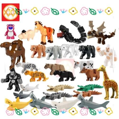 Animals Mini Zoo Bricks Polar Bear Camel Horse Crocodile Shark Panther Cow Giraffe Cheetah Gorilla Model Building Blocks Toys