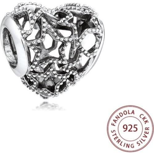 100% 925 Sterling Silver Heart & Stars Openwork Charms Beads for Jewelry Making Fits Original Bracelet berloques kralen