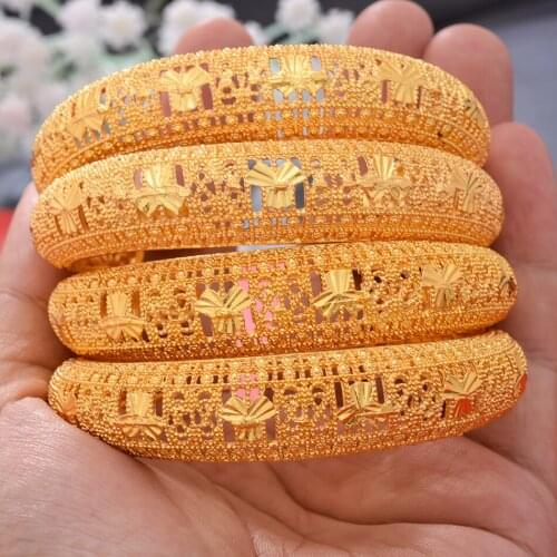 4pcs/Set Gold Color Cuff Wedding Bangles For Women Girls Indian Ethiopian African Dubai Bracelet&Bangles Party Flower Gifts
