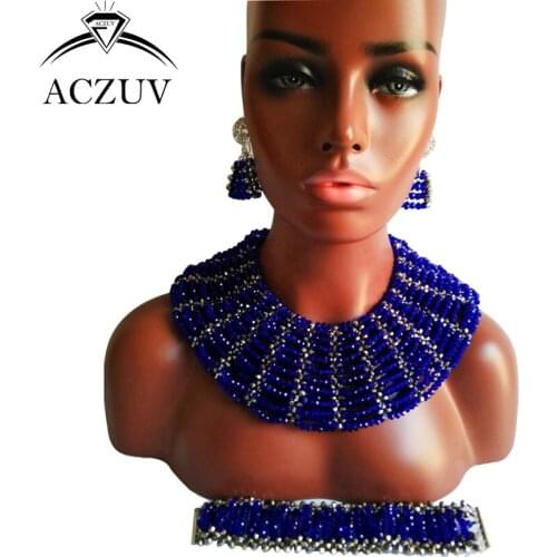 ACZUV Brand Royal Blue Jewelry Set Nigerian Wedding Necklace African Beads Crystal AS007