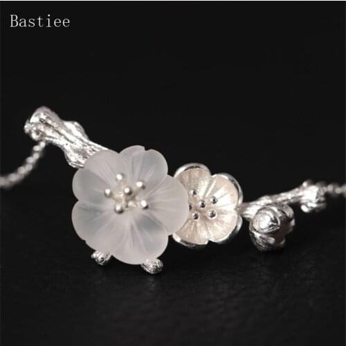 Bastiee Crystal Necklace Pendant Vintage Silver 925 Jewelry For Women Accessories Plum Blossom Flower O Chain Chinese