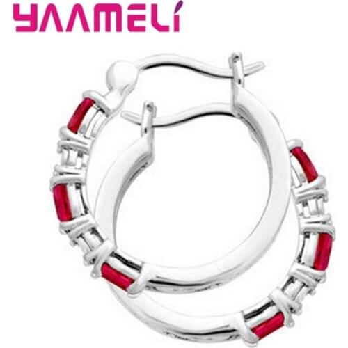 Big Sale 925 Sterling Silver Loop Hoop Earrings Red Clear Color Cubic Zircon Charms Women Jewelry Wedding Accessory Brincos