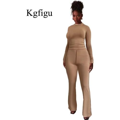 KGFIGU Knitting Khaki Vacation Flare Pants Sets Women Sexy Long Sleeve Elegant T-Shirts High Waist Sweatpants 2 Piece Outfits