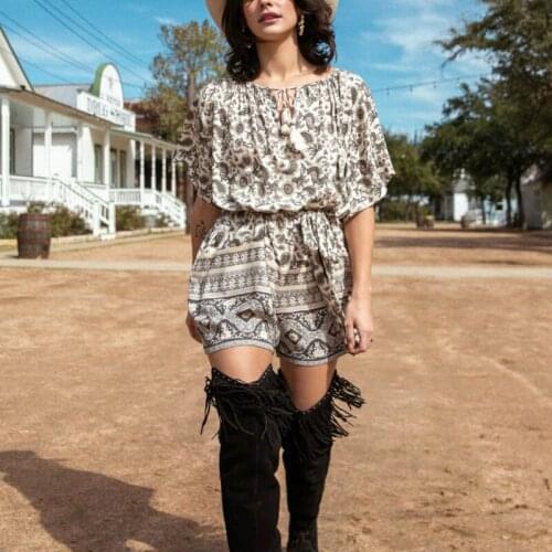 Happie Queens Women Floral Print Sashes Boho Rompers Ladies V Neck short Sleeve Tassel Beach Jumpsuits Body Tops