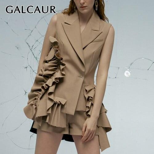 GALCAUR Khaki Two Piece Set For Women V Neck Sleeveless Patchwork Ruffles Vest High Waist Shorts Casual Sets Female 2021 Clothes