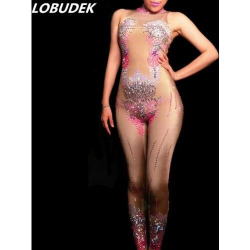 Colorful Sequins Crystals Single Leg Jumpsuit Female Stage Outfit Singer Dancer Performance Costume Nightclub Bar Dance Wears