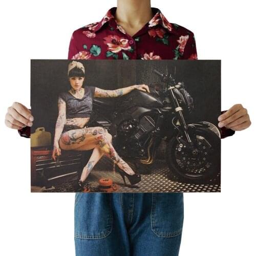 Beauty and Motorcycle Nostalgia Photo Kraft Paper Bar Poster Decorative Painting Retro Wall Sticker 51.5X36cm