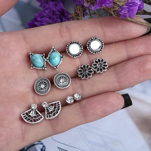6 Pairs/set Boho Geometry Earrings Set Vintage Flower Sun Shell Shape Stud Earrings for Women Brincos Jewelry 2020 New Fashion