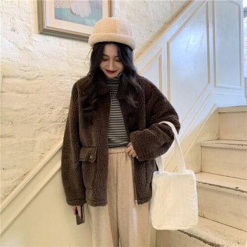Autumn Winter Clothing 2020 Loose Short Korean Thick Solid Color Cardigan Warm Deerskin Wool Lamb Hair Long-sleeved Jacket Women