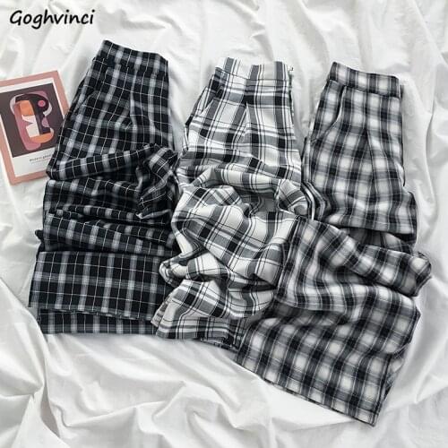 Plaid Casual Pants Women Wide Leg Trousers Button High Waist Spring All-match Loose Mopping Korean Style Fashion Bottoms Mujer