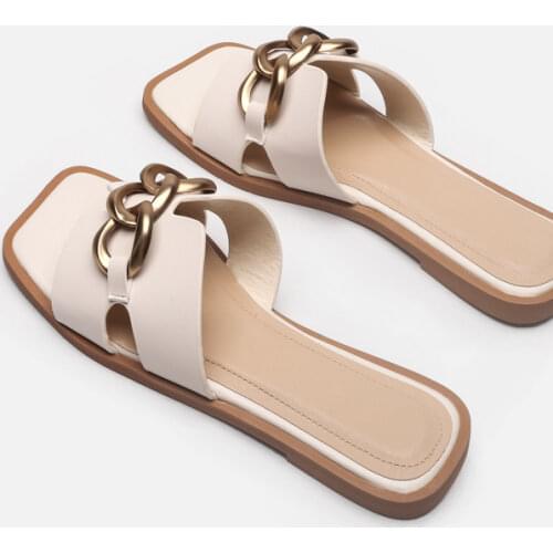 ZAR Slippers Women Summer Luxury 2021 New Brown Square Toe Metal Chain Casual Flat Sandals Brand Woman Beach Shoes Plus Size 41