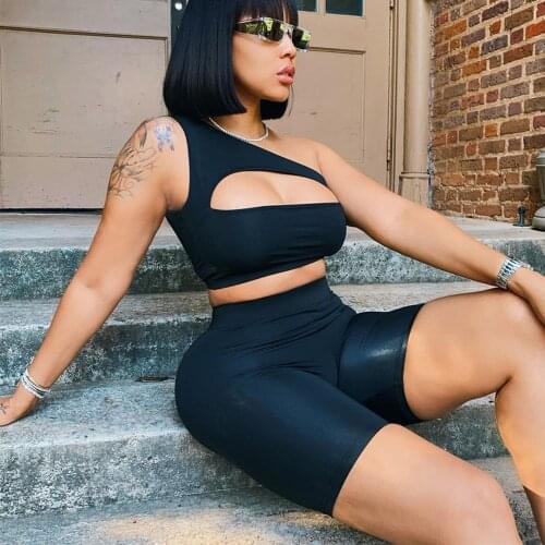 Women Fitness 2 Piece Sweatsuit Autumn Costumes One Shoulder Cut Out Crop Top and High Waist Skinny Shorts Active Wear Outfits