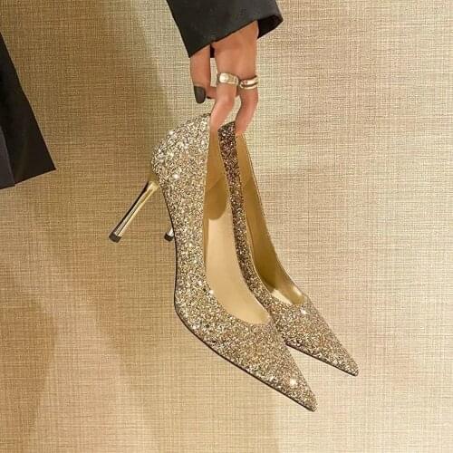 Sexy Pointed-toe High Heels Stiletto Shoe Female Bridal Shoes Wedding Crystal Shoes Sexy Shiny Sequins Pumps Dress Party Shoes