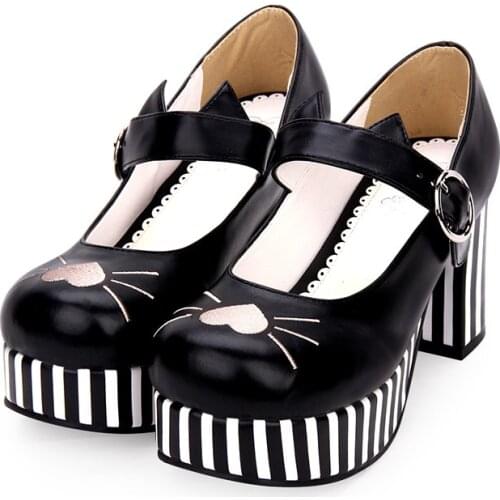 Lolita shoes girl high-heeled embroidery heart-shaped cat shoes JK Uniform Lolita Shoes Kawaii Girl Tea Party Princess cos
