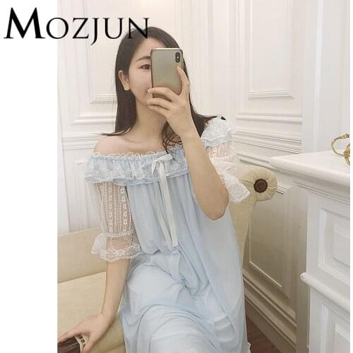 Vintage Off The Shoulder Women Night Dress Sleepwear Lace Ruffled Cuff Home Dress Sexy Princess Nightgown Brand Mozjun #MZ106