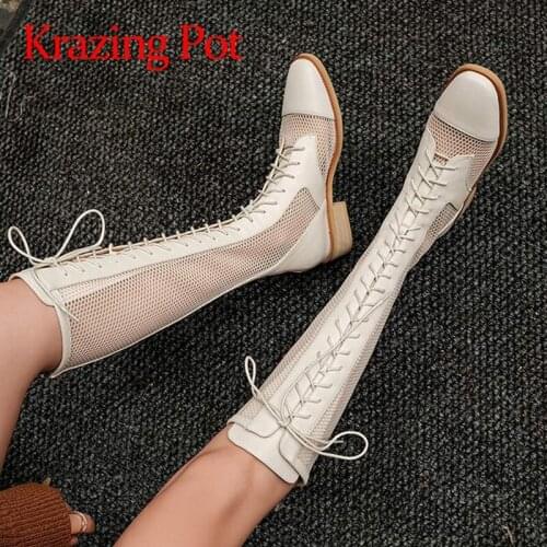 Krazing Pot spring summer season genuine leather air mesh round toe med heel high fashion young lady zipper thigh high boots L90