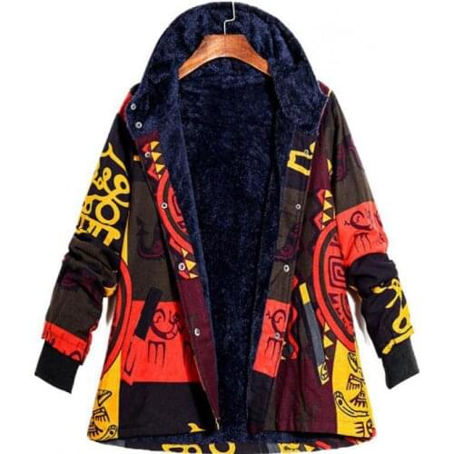 2019 Winter Tribal Ethnic Style Women Cotton Clothing Plus Velvet Thicken Hooded Cotton Coat Print Harajuku Retro Outwear Female