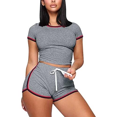 Yoga Running Suit Women Summer 2 Pieces Striped Set Girls Short Sleeve Top Elastic Waist Fitness Shorts Exercise Gym Sport set