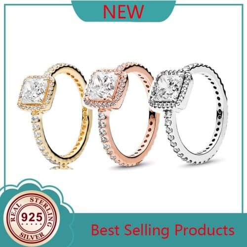 Authentic 925 Sterling Silver Square Pan Rings CZ Crystal Ring For Women EuroPean Original DIY Jewelry