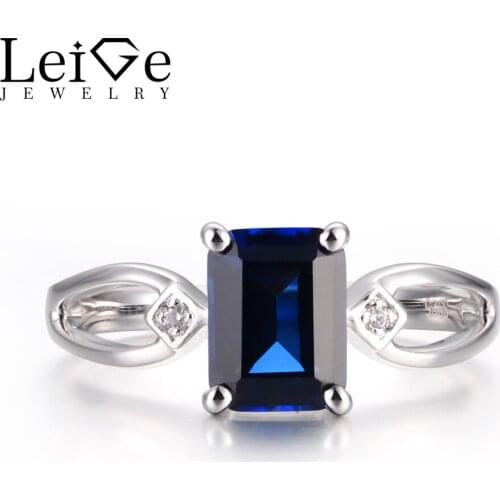 LeiGe Jewelry Blue Sapphire Rings Wedding Rings September Birthstone Emerald Cut Blue Stone Rings 925 Sterling Silver Gifts