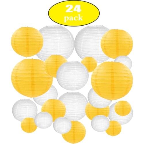 24 Pcs/set 6"-12" White Yellow Chinese Paper lampion Lanterns Assorted Sizes Wedding Hanging Decor boule chinoise papier mariage