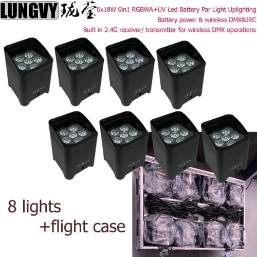 Free Shipping 8pcs in Road Case 6x18W 6in1 RGBWA+UV Recharge Battery DMX Wifi Wireless DMX&IR Par Led Powered Uplights