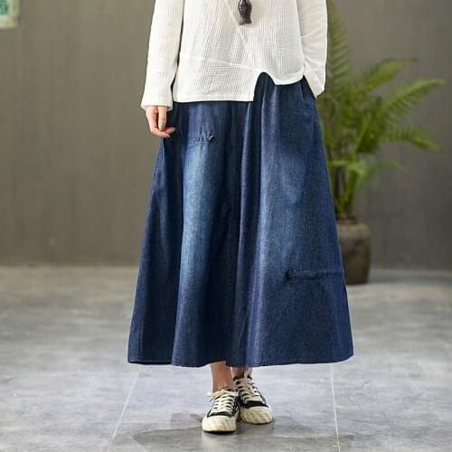 Free Shipping 2020 New Long Maxi A-line Skirts Women Elastic Waist Spring And Summer Denim Cortton Casual Skirts Blue Pockets