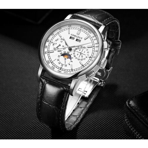 CORGEUT Moon Phase 42mm Mechanical Wristwatches White Dial Silver Year Day Month Week 316L SS Case Automatic Watch Men Top Brand