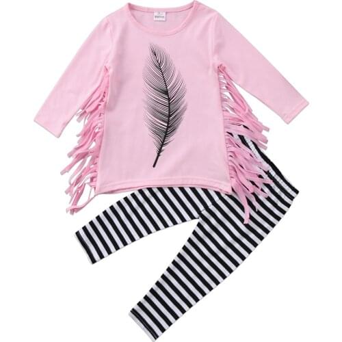 Children Suit!!Toddler Kids Baby Girls Tassel Top Blouse +Striped Pants Leggings Outfits Set Size 2-7T