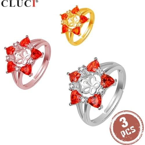 CLUCI 3pcs 925 Sterling Silver Adjustable Red Flower Ring Women Pearl Ring Mounting Wedding Engagement Ring Jewelry SR2082SB