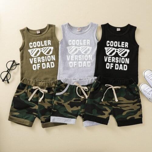 2021 Infant Kids Summer Boys 2Pcs Clothes Set Outfits Sleeveless Letter Printed Vest Tops With Camouflage Printed Shorts