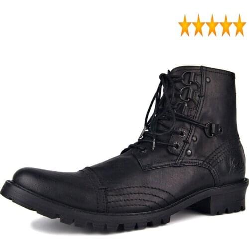 Lace Punk Leather Style Genuine Up Mens Military Cowboy Boots Handmade Casual Black/Blue Working Riding Botas Hombre Plus Size