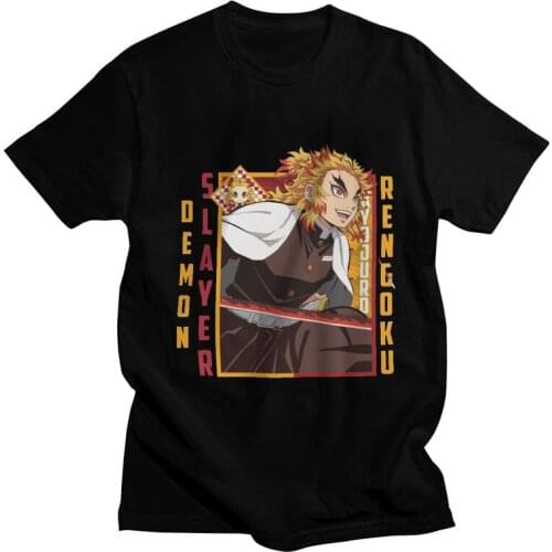 Vintage Demon Slayer Kyojuro Rengoku T Shirts Men Short Sleeve 100% Cotton T-shirt Kimetsu No Yaiba Tee Tops Fashion Tshirt Gift