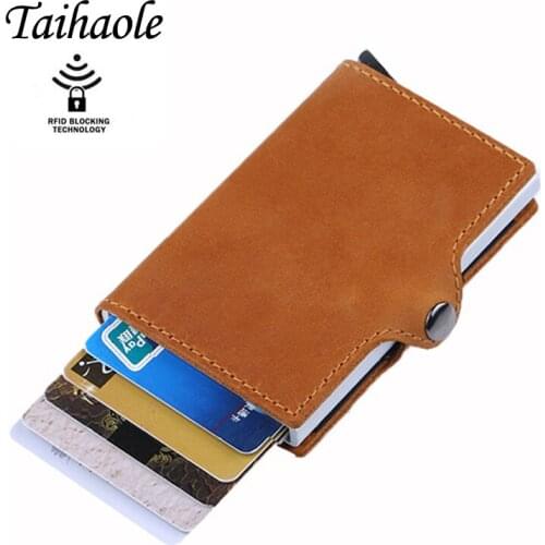 2020 Business Credit Card Case for Men Card Holder Aluminium Box Crazy Horse Cow Leather Vintage Card Wallet RFID