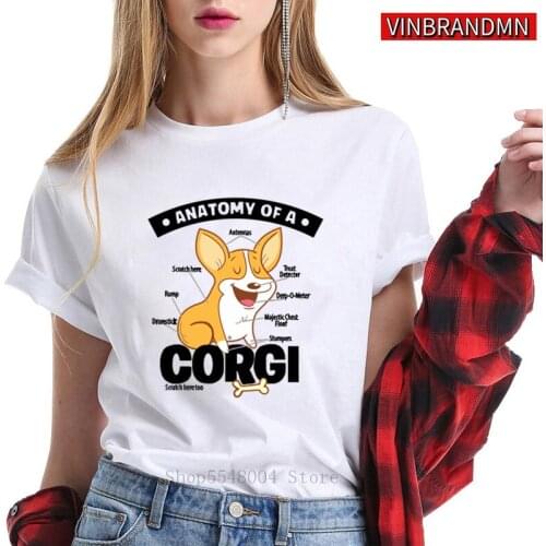 Novelty Print Anatomy of a Corgi T-Shirts Women Funny Cute Corgi Dog Animal T Shirt Female O Neck Short Sleeves Tee shirt Camisa