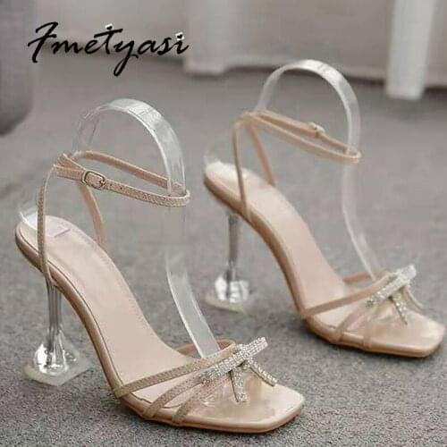 Womens Sandals Buckle Adjustable Butterfly-knot Sewing Summer Shoes Square Toe Ladies High Heels Shoes Peep Toe Ankle-wrap