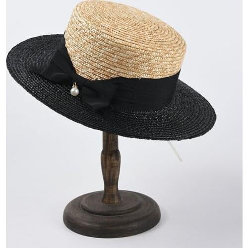 Summer New Color Contrast Natural Black Wheat Grass Jazz Hat Outdoor Travel Sunscreen Sunshade Beach Flat Top Fedora Straw Cap