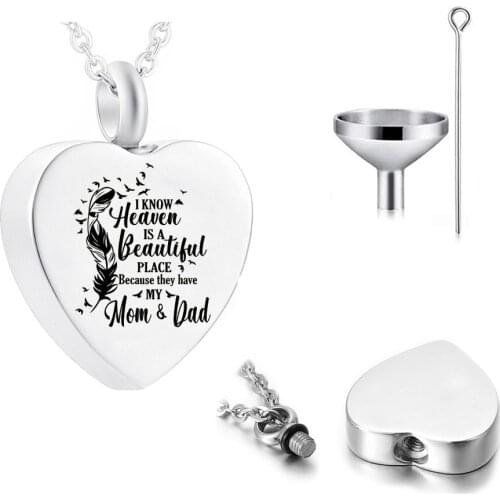 Cremation Jewelry Heart-shaped Urn Necklace Feather Big Goose -I Know Heaven Is A Beautiful Place Because They Have My Mom & Dad