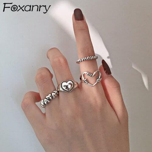 Foxanry Vintage Punk 925 Sterling Silver LOVE Heart Rings Fine Jewelry for Women Couples Trendy Elegant Party Accessories Gifts